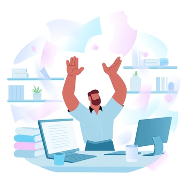 A busy office scene is depicted with a flurry of papers flipping through the air, creating a dynamic movement. In the foreground, a worker with short hair, dressed in a collared shirt, is standing with arms raised, conveying a sense of surprise. The worker's desk is cluttered with a computer, a stack of organized folders, and a coffee mug. In the background, office cubicles are visible, along with shelves filled with books and decorative plants. Soft gradient pastel colors fill the atmosphere, enhancing the vibrancy of the scene.