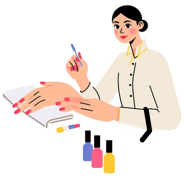 A close-up view of a manicurist with neatly styled hair, focused on applying "bright red polish" to a client's nails. The manicurist is holding a small brush with precision, ensuring an even coat on each nail. The client's hands rest on a white towel, showcasing a few finished nails in a glossy red finish. The scene captures the careful attention to detail, with the manicurist’s fingers positioned delicately around the client's hand. Surrounding the scene are various nail polish bottles in vibrant colors, hinting at a selection of styles and finishes available.