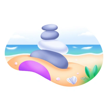 A stack of smooth, rounded rocks is balanced precariously on a sandy beach. The rocks vary in size and color, showcasing shades of gray, white, and soft brown. The beach has light golden sand, dotted with small pebbles. In the background, gentle waves can be seen lapping at the shore, while a clear blue sky stretches overhead. A few scattered seashells lie near the base of the rock stack, complementing the coastal scene.