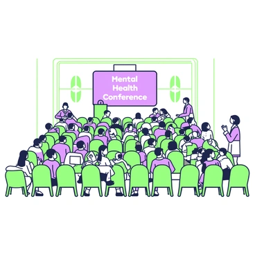 A large auditorium filled with rows of chairs set up for a conference. The seats are occupied by psychologists engaged in discussions. At the front of the auditorium, there is a stage with a podium. A large screen behind the podium displays the title "Mental Health Conference" in bold letters. Various attendees are taking notes, some have laptops open, and others are conversing in small groups. The atmosphere is busy with activity as professionals exchange ideas. The auditorium has high ceilings, with large windows allowing light to stream in.