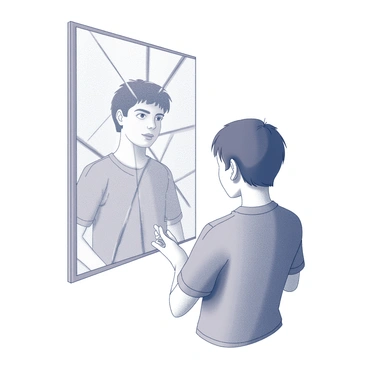 An individual stands in front of a cracked mirror. The person gazes intently at their reflection, which appears fragmented due to the cracks. Each segment of the mirror displays a distorted version of the individual, creating various interpretations of their features. The background is minimal, drawing focus to the mirror and the individual.