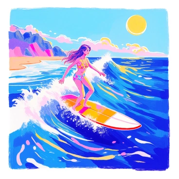 A woman is riding a wave on a surfboard. She has long, flowing hair that is catching the wind. She is wearing a vibrant swimsuit with a floral pattern. The ocean is a deep blue, with white foam at the crest of the wave. The sun is shining brightly in a clear blue sky, casting reflections on the water. In the background, there are distant waves and a hint of a sandy beach.