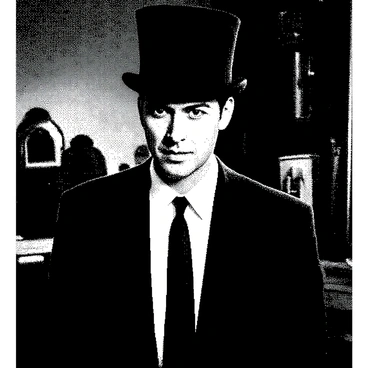 A gentleman is standing confidently, wearing a classic black top hat and a tailored suit. His face is partially illuminated, highlighting the contours of his sharp jawline and cheekbones. He has a mysterious expression, with slightly raised eyebrows and piercing eyes that seem to look intently at the viewer. The dimly lit room around him features shadows that create depth, with indistinct shapes suggesting vintage furniture in the background. The overall atmosphere is intriguing and invites curiosity about the gentleman's thoughts.