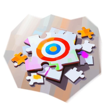 A colorful jigsaw puzzle piece featuring a circular bullseye design in vibrant hues of red, blue, yellow, and green is shown. The piece is partially fitted into a larger puzzle that lies spread out on a wooden table. Surrounding the puzzle piece are several other scattered jigsaw pieces in various colors and shapes, with the incomplete sections of the puzzle visible. Soft lighting highlights the textures of the table and the glossy finish of the puzzle pieces.