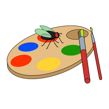 A small fly with iridescent green wings is perched on an artist's paint palette. The palette is oval-shaped with a smooth wooden surface that displays a variety of vibrant colors in circular wells. Each color is distinct, including bright red, deep blue, sunny yellow, and rich green. The fly seems to inspect the bright colors closely, its tiny legs resting on a blob of thick paint, while a couple of paintbrushes with colorful bristles lie next to the palette. The background is a soft, neutral hue that allows the colors of the palette to stand out vividly.