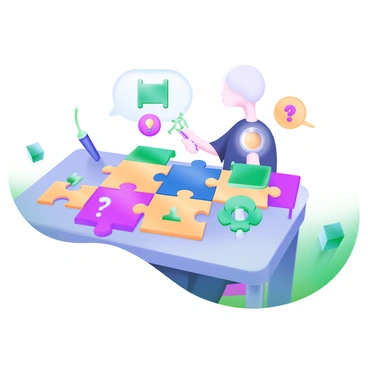 A modern pastel illustration featuring a person sitting at a table, focused on piecing together a colorful jigsaw puzzle. Each puzzle piece is uniquely shaped and has distinct designs, with symbols representing different questions, such as a question mark, a light bulb, a magnifying glass, and a speech bubble. The table is cluttered with additional scattered puzzle pieces and a few completed sections of the puzzle. The background includes soft pastel colors that complement the scene, creating a calm atmosphere.