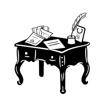 An antique writing desk made of dark wood, featuring intricate carvings on its legs and edges. Scattered across the desk are several letters, some partially opened, with neatly folded paper and wax seals. A delicate quill rests beside an inkwell, showcasing its elegant feather details. In the background, a faded photograph is propped up against the wall, hinting at memories of past loves. A soft light stream illuminates the scene, casting gentle shadows across the desk.