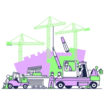 A construction worker is operating a crane to lift steel beams at a building site. The worker is wearing a hard hat and a reflective vest, standing in the operator's cabin. In the background, multiple cranes are visible, working simultaneously on various parts of the structure. Steel beams are being lifted into place, with one beam suspended mid-air. There are stacks of materials on the ground, including metal sheets and wooden planks. Construction equipment like forklifts and concrete mixers are positioned around the site, and several workers in safety gear are visible, moving about and coordinating the operation.