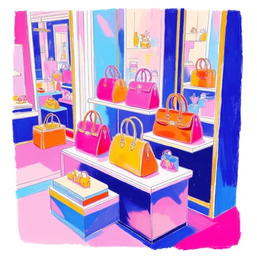 A high-end store showcases an array of luxury handbags displayed with elegance. The handbags vary in design, featuring rich textures such as leather, suede, and exotic materials. Each bag is positioned on sleek, polished shelves made of glass and metal, allowing their vibrant colors to stand out. Soft lighting illuminates the handbags, highlighting details like intricate stitching and metallic embellishments. The background includes a chic boutique setting with stylish decor, including a plush carpet and minimalistic artwork on the walls. A large mirror reflects the handbags, enhancing the luxurious atmosphere of the display.