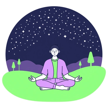 A person is sitting cross-legged on a grassy hilltop, engaged in meditation. They are wearing comfortable clothing, with their eyes closed and a calm expression on their face. Above them, the sky is filled with a myriad of stars, twinkling brightly against the darkness of the night. The hilltop is surrounded by gentle slopes, enhancing the sense of tranquility. In the distance, the outline of trees can be seen against the illuminated sky, creating a peaceful atmosphere.