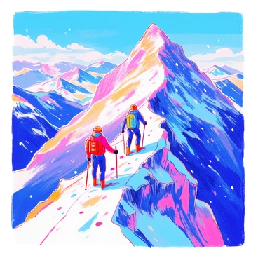 A group of adventurers is climbing a majestic snowy mountain peak. The scene includes two climbers, one wearing a red jacket and the other in a blue parka, both equipped with ice axes and wearing helmets. Snowflakes are falling around them, and their breath is visible in the cold air. In the background, the peak of the mountain rises steeply, surrounded by clouds. Below, a panoramic view of snow-covered valleys and rugged rock formations can be seen. The sky is a clear blue, contrasting with the white snow.