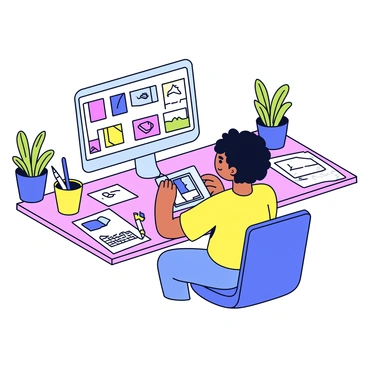 An artist working at a desk covered with various tools and materials for branding design. There are sketches of logos and business cards scattered across the table. The artist is focused, drawing on a tablet, with a digital screen displaying colorful logo options. Nearby, there are pencils, markers, and sheets of paper filled with different designs and color palettes. The workspace is well-organized, with a few plants adding a touch of greenery in the background.