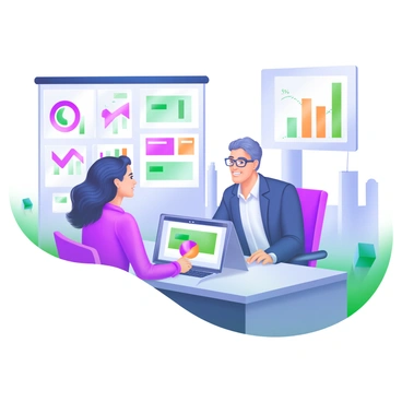 A financial advisor sitting at a sleek, modern desk in a professional office. The advisor is a middle-aged man with glasses, wearing a tailored suit, and is engaged in a discussion with a client. The client is a young woman with curly hair, dressed in business casual attire, looking attentively at the advisor. Surrounding them are several colorful charts and graphs pinned to the walls, depicting financial trends and statistics. A laptop is open on the desk, displaying more financial data, and a large window offers a view of a city skyline in the background.