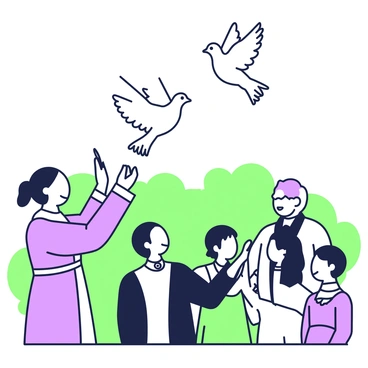Two doves are being released into the sky from delicate hands at the end of a baptism ceremony. The doves are white and appear to be in mid-flight as they ascend gracefully into the air. The background shows an outdoor setting with a softly blurred outline of greenery. In the foreground, a group of people is gathered, some wearing formal attire, watching the doves take flight with expressions of joy and reverence. Among them, a priest in a robe stands nearby, smiling. A light breeze is suggested by the slight movement of the doves' feathers.