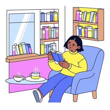 A young woman named "Nobara" is flipping through a book in a quaint bookstore corner. She has shoulder-length dark hair and wears a cozy sweater. The corner features wooden shelves lined with various books, creating a warm atmosphere. A small round table is nearby, holding a steaming cup of tea. Soft light filters through a window, illuminating the pages of the book she is examining. A plush armchair sits in the background, adding to the inviting setting.