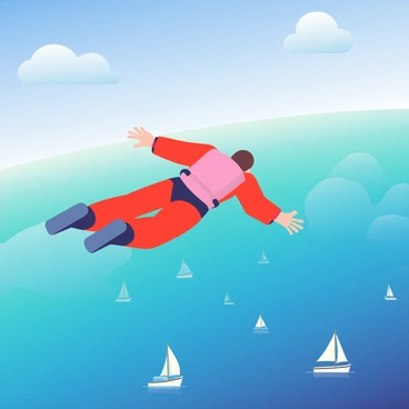 A skydiver in a bright red jumpsuit is plummeting toward a sparkling blue ocean. The ocean reflects shades of turquoise and sapphire under the sunlight. Below, a few white boats are scattered on the water's surface, their sails billowing in the breeze. The sky is a clear blue, dotted with a few fluffy white clouds. The skydiver is positioned in a freefall posture, arms extended and a parachute still packed on their back.