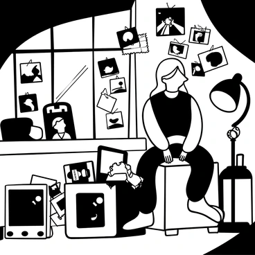 A girl with long hair sitting on a chair in a dimly lit room. She is surrounded by an arrangement of scattered photographs pinned to the walls, capturing various moments in time. Some photographs are placed on a small table beside her, with a few fallen to the floor. Light filters through a window, casting elongated shadows and emphasizing the objects in the room. There is an open scrapbook resting on her lap, filled with more memories. An old lamp stands in the corner, partially illuminating the space.