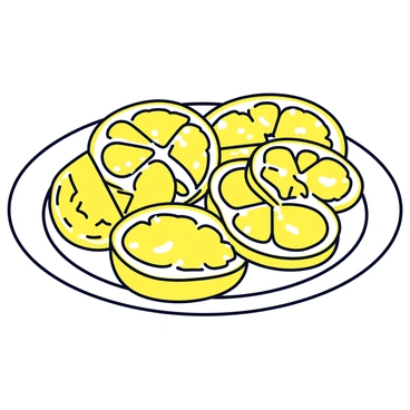 A white plate holds an artistic arrangement of sliced yuzu. The yuzu slices are positioned in overlapping circles, showcasing their vibrant yellow color and textured skin. Each slice reveals the juicy segments within, glistening slightly. Some slices are placed upright to create a layered effect, while others are laid flat. The composition emphasizes the bright hues and the unique shape of the yuzu, creating a visually appealing display.