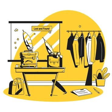 A small room within a railway station, labeled "Lost and Found." The office contains a wooden table stacked with a variety of forgotten items, including an old leather suitcase, a colorful umbrella, and a pair of sunglasses resting on top of a yellow backpack. On the wall, there are hooks holding various coats and scarves. A small sign above the table reads "Claim Your Lost Items Here." The floor is tiled, and a window lets in natural light, casting soft shadows across the room. A clipboard and pen sit next to a stack of papers for claims.