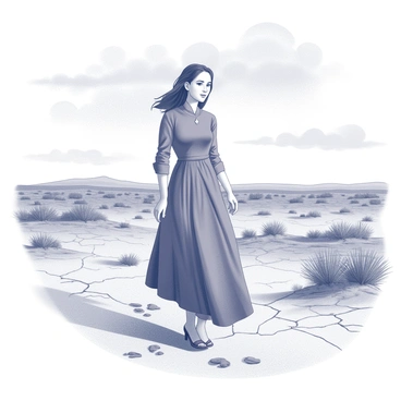 A woman dressed in a long, flowing dress is walking through a barren landscape. The dress is simple yet striking, with a high neckline and long sleeves. The landscape features cracked earth, sparse vegetation, and a desolate atmosphere. Above, the sky is filled with gray clouds, casting a muted light over the scene. The woman's posture is upright, and her expression is determined as she walks forward, leaving footprints in the dry ground.