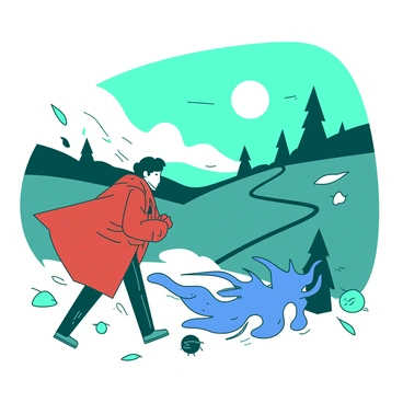 A teal sun is shining brightly in a clear sky, casting its warm light on a traveler walking along a winding path. The traveler is wearing a large, red coat, clasped tightly around them. In the foreground, a fierce wind is howling, depicted by swirling lines and leaves being blown around. The wind is represented by a blue figure, with its arms stretched out and a determined expression as it attempts to pull at the traveler’s coat. The traveler looks conflicted, glancing at the wind and then at the sun, as they feel the contrasting forces at play. A few trees are bending under the pressure of the wind, and the scene captures the dynamic contest between the two elements.