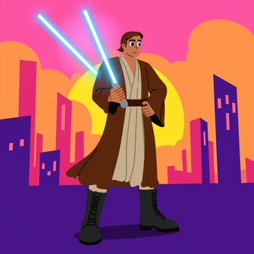 A heroic Jedi standing tall with a confident posture in a vibrant cityscape during sunset. The Jedi is wearing a flowing robe with intricate details, the fabric catching the light. The lightsaber is ignited and glows a bright blue, illuminating the Jedi's determined expression. Skyscrapers filled with windows reflect the warm hues of the sunset, casting a golden light across the scene. Fluffy clouds in the sky are painted in shades of orange, pink, and purple, enhancing the dramatic atmosphere.