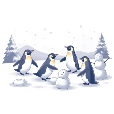 A group of cute penguins playing in a snowy landscape. The penguins are waddling around, sliding on their bellies across the snow, and engaging in a friendly snowball fight. Some of the penguins are standing together, forming a small huddle, while others are building a snowman nearby. Snowflakes are gently falling from the sky, creating a serene winter atmosphere. In the background, there are snow-covered hills and a few evergreen trees, completing the winter wonderland scene.