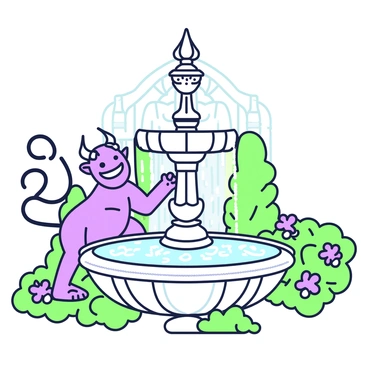 A devil with mischievous horns is playfully perched on the edge of an elaborate Victorian fountain. The fountain features intricate carvings and flowing water cascading from ornate spouts. Surrounding the fountain, there are lush, well-maintained plants and flowers that enhance the scene. The devil is grinning, with a playful expression, as it dangles one leg over the edge of the fountain. Its tail curls around the fountain's edge, adding a sense of dynamism to the composition. Behind the fountain, there are softly detailed arches and stonework, complementing the overall grandeur of the Victorian design.