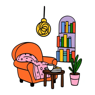 A decorative pendant light with an intricate design is hanging from the ceiling, casting a warm glow over a cozy reading nook. The nook features a plush armchair upholstered in soft fabric, positioned beside a small wooden side table. A stack of colorful books is resting on the table, next to a steaming cup of tea. A patterned throw blanket is draped over the armchair, and a potted plant with green leaves is placed nearby, adding a touch of nature to the inviting space. The walls are adorned with shelves filled with books, creating a perfect atmosphere for reading and relaxation.