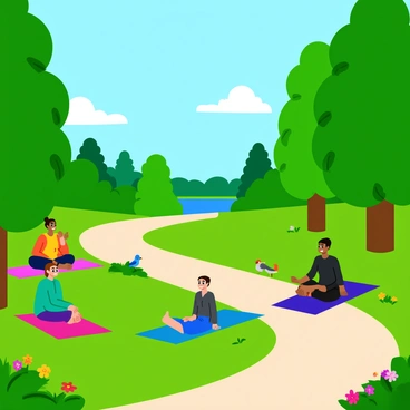 A Canadian park with lush green trees and a clear blue sky. Several people are seated on colorful yoga mats, engaged in mindfulness practices. One person is meditating with hands resting on their knees, another is gently stretching with a serene expression. A few birds are perched on branches nearby, and a winding path leads through the grass. Flowers in various colors bloom along the side of the path, enhancing the vibrant atmosphere. A distant view of a calm lake reflects the surrounding nature.