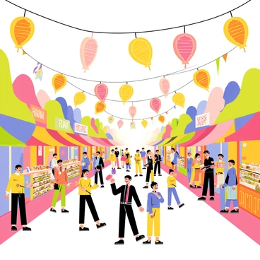 A vibrant festival scene featuring numerous fish-shaped lanterns hanging above a bustling street. The lanterns are painted in bright colors, with intricate designs depicting scales and fins. Below them, crowds of people are enjoying the festivities, some holding colorful flags and others wearing traditional attire. Stalls along the street showcase various foods, with vibrant banners displaying the names of the dishes. The atmosphere is lively, with children playing and musicians performing in the background, adding to the festive spirit.