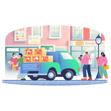 A 1950s style delivery truck in a bright blue color is parked in an old town square. The truck has a rounded front and chrome details, giving it a classic appearance. It is unloading wooden crates that are stacked in the bed of the truck. The crates are marked with red and white labels, indicating various goods inside. Surrounding the truck, there are cobblestone streets and charming brick buildings with faded advertisements on the walls. A few pedestrians are walking by, some glancing at the truck and others carrying baskets. A vintage streetlamp stands nearby, completing the nostalgic atmosphere of the scene.