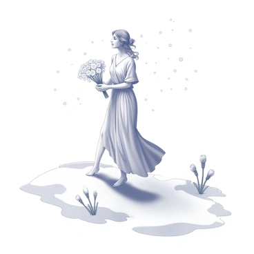 A figure representing Demeter is emerging from a snowy landscape. She is dressed in flowing garments that suggest movement and grace. Snowflakes gently fall around her as she steps forward, her presence radiating warmth. In her hands, she holds a bouquet of blooming flowers, contrasting with the white snow. The ground around her begins to show signs of life, with patches of green grass and budding plants breaking through the snow. The overall composition captures the transition from winter to spring, showcasing the transformation of the landscape.