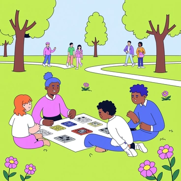 Hugo is sitting on a green lawn in a Parisian park, surrounded by a group of friends. They are engaged in various board games spread out on a picnic blanket. The sun is shining brightly, casting soft shadows on the grass. Nearby, there are blooming flowers in shades of pink and yellow. In the background, tall trees provide a pleasant shade, and a few people are walking along the paths.