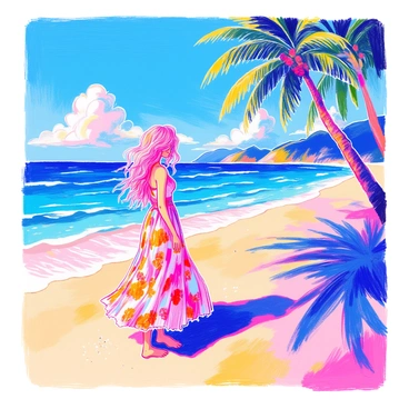 A woman with long, flowing hair stands on a tropical beach. She is wearing a vibrant, flowing dress that billows gently in the ocean breeze. The beach is lined with tall, green palm trees swaying softly. The sand is golden and warm under her bare feet. In the background, the blue ocean sparkles under the sunlight, and a few fluffy white clouds float in the clear sky. The woman's expression is one of tranquility as she gazes towards the horizon.