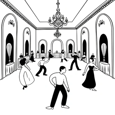An ornate ballroom with high ceilings and intricate chandeliers hanging down. The floor is covered in a polished checkered pattern, reflecting the soft light. Couples dressed in elegant evening wear are dancing gracefully across the floor. Some couples are twirling, while others are engaged in a slow dance. Tables adorned with fine tablecloths and decorative centerpieces line the edges of the ballroom, adding to the luxurious atmosphere. Elaborate gold and black decorations enhance the glamorous feel of the space.