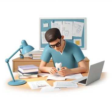 A dental student, wearing a blue scrub top and glasses, is seated at a wooden desk. The desk is cluttered with textbooks, dental instruments, and a laptop. The student is leaning forward, intently examining a detailed model of a tooth in their hands. A bright desk lamp illuminates the model, highlighting its intricate details. Papers with notes and sketches are spread across the desk, showing various dental diagrams. The background features a bulletin board with pinned reminders and images related to dentistry.