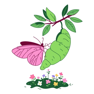 A pink butterfly is emerging from a green cocoon hanging from a branch. The delicate wings of the butterfly are partially unfurled, showing intricate patterns and vibrant colors. Surrounding the cocoon, there are fresh green leaves and soft sunlight filtering through, creating a lively atmosphere. The ground below is adorned with small colorful flowers, emphasizing the new life and transformation depicted in the scene.