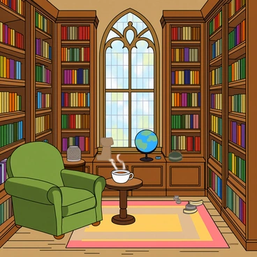 An old English library with tall wooden bookshelves filled with numerous books of various sizes and colors. The shelves reach up to a high ceiling, giving the room a grand appearance. A comfortable reading nook is situated in one corner, featuring a plush armchair upholstered in rich green fabric. Next to the armchair is a small round table with a steaming cup of tea placed on it. Soft light filters through a large stained-glass window, casting colorful patterns on the wooden floor. A few scattered rugs adorn the floor, adding warmth to the space. A decorative globe and some antique bookends are displayed on the shelves, enhancing the old-world charm of the library.