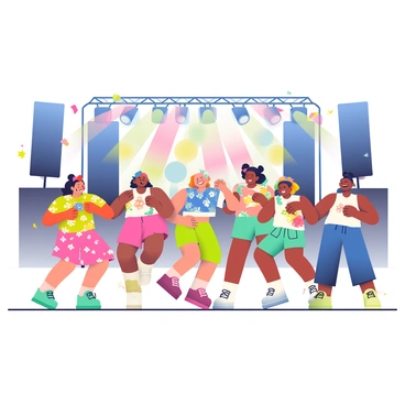 A group of friends with diverse appearances is dancing energetically in front of a large music stage. They are wearing vibrant festival clothing, including a mix of bright floral patterns, tie-dye shirts, and colorful skirts. Some friends have face paint in various designs, while others sport flower crowns and glitter. The stage in the background is adorned with large speakers and bright lights, casting colorful beams over the crowd. In the air, there are confetti and vibrant decorations, enhancing the festive atmosphere. The friends are smiling and moving together in celebration.