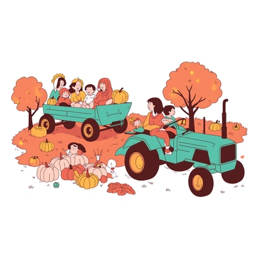 A duotone scene featuring a vibrant orange pumpkin patch filled with various shapes and sizes of pumpkins scattered across a grassy field. Nearby, a teal hayride wagon is pulled by a rustic tractor, with families sitting together and smiling as they enjoy the experience. Children are playing among the pumpkins, while some adults are picking out their favorite pumpkins to take home. Trees in the background are adorned with leaves in warm hues, contributing to the autumn ambiance of the festival.