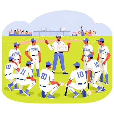 A baseball team in matching uniforms is gathered in a huddle on a green field, with a clear blue sky above. The players are in various poses, some crouching down and others standing, all focused on their coach in the center. The coach, wearing a cap and holding a clipboard, gestures with one hand while pointing to a strategy diagram. Baseball gloves and bats lie scattered around them on the grass. In the background, a distant baseball diamond is visible, along with cheering fans in the stands.