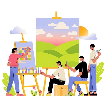 A group of three artists is painting a flat Earth landscape in a vibrant outdoor studio. The first artist, a woman with curly hair, stands in front of a large canvas, using a palette of bright colors to depict a wide, open sky filled with fluffy white clouds. To her right, a man with glasses is sitting on a stool, capturing the details of rolling green hills that stretch into the distance. The third artist, a younger individual with a ponytail, is mixing paints on a wooden table adorned with various brushes and tubes of color. In the background, the sun is setting, casting warm orange and pink hues across the sky, while colorful flowers are scattered around the studio area, adding to the lively atmosphere. Each artist is focused on their work, surrounded by nature, creating a scene that celebrates the beauty of their flat Earth interpretation.