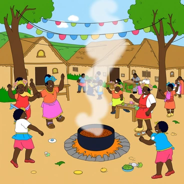 A vibrant village scene bustling with activity. Several villagers are dancing joyfully in a circle, wearing colorful traditional attire. Some dancers have bright sashes and headbands adorned with flowers. Nearby, a group of villagers is gathered around an open fire, cooking a large pot of stew, with steam rising into the air. The cooks are wearing aprons and are busy stirring the pot while others are chopping vegetables on wooden tables. Children are playing with handmade toys, adding to the festive atmosphere. Colorful banners are strung between the trees, fluttering in the breeze. In the background, rustic houses with thatched roofs are visible, completing the lively celebration of the cultural festival.
