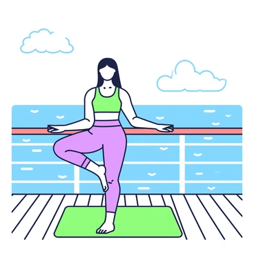 A woman with long hair is practicing pilates on a deck of a cruise ship. She is wearing a form-fitting athletic outfit. The deck is made of wooden planks, and there are railing sections visible around her. In front of her, a bright exercise mat is laid out. The woman is in a precise pose, with one leg extended and arms reaching outward for balance. Behind her, the vast open sea stretches out, with gentle waves visible under a clear sky. A few clouds can be seen in the distance, adding depth to the horizon.