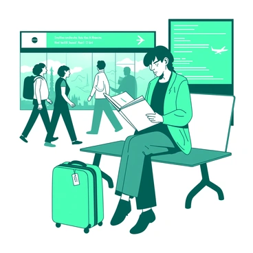 A teal person is sitting on a white airport bench with a suitcase placed next to them. The person is engrossed in a white travel guidebook, holding it open in their lap while occasionally glancing around the busy airport gate. The suitcase has a colorful luggage tag attached to it. Around them, there are other travelers walking by, and a large flight information board is visible in the background.