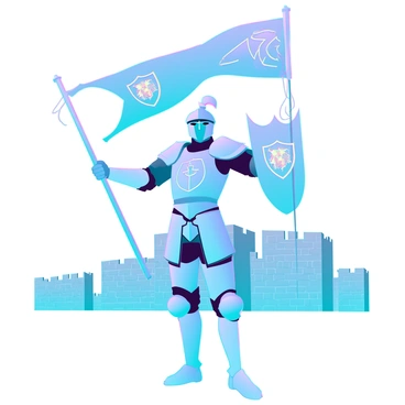 A noble medieval knight in shining armor stands tall and proud. His armor gleams with intricate engravings and polished surfaces that reflect the light. He is holding a flowing banner high above his head with both hands. The banner displays a detailed crest with a lion emblem, symbolizing courage and strength. The knight's helmet is adorned with a majestic plume, and his determined expression reveals his unwavering resolve. The background features a distant castle with stone walls, under a clear blue sky.