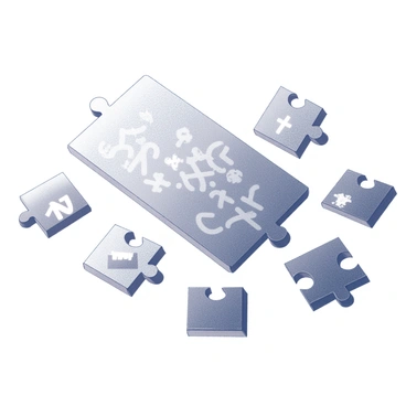 A partially completed jigsaw puzzle spread across a flat surface. The pieces are shaped like various stock market symbols, including letters and logos representative of different companies. Some pieces are already connected, creating a section of the puzzle that reveals a larger image or pattern. The remaining pieces are scattered around the completed section, with some turned upside down and others flipped to display different symbols. The background is plain to emphasize the details of the puzzle pieces and their intricate designs.