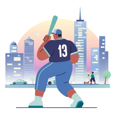 A player with a muscular build is captured in mid-swing, holding a baseball bat. The player is wearing a dark blue jersey with a white number on the back and matching blue pants. Sweat glistens on the player's forehead as they focus on hitting the ball. In the background, a bustling city skyline is visible, featuring tall skyscrapers with reflective glass windows and antennas on top. The sky is a gradient of orange and purple, indicating sunset. Below the skyline, busy streets are filled with cars, and pedestrians can be seen moving about.