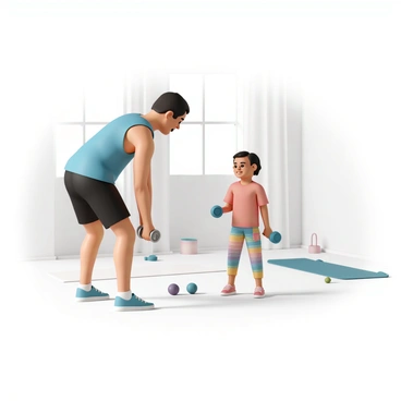 A parent, wearing a blue tank top and black shorts, is demonstrating barbell rows in a spacious, well-lit living room. The parent is bent over slightly, gripping a silver barbell with both hands, focusing intently on the exercise. Next to them, a young child, wearing a bright red t-shirt and colorful leggings, is mimicking the movement, holding a small plastic weight in each hand. The child is standing upright, smiling and looking up at the parent for encouragement. In the background, there is a yoga mat and a few pieces of exercise equipment scattered around, adding to the home workout atmosphere.